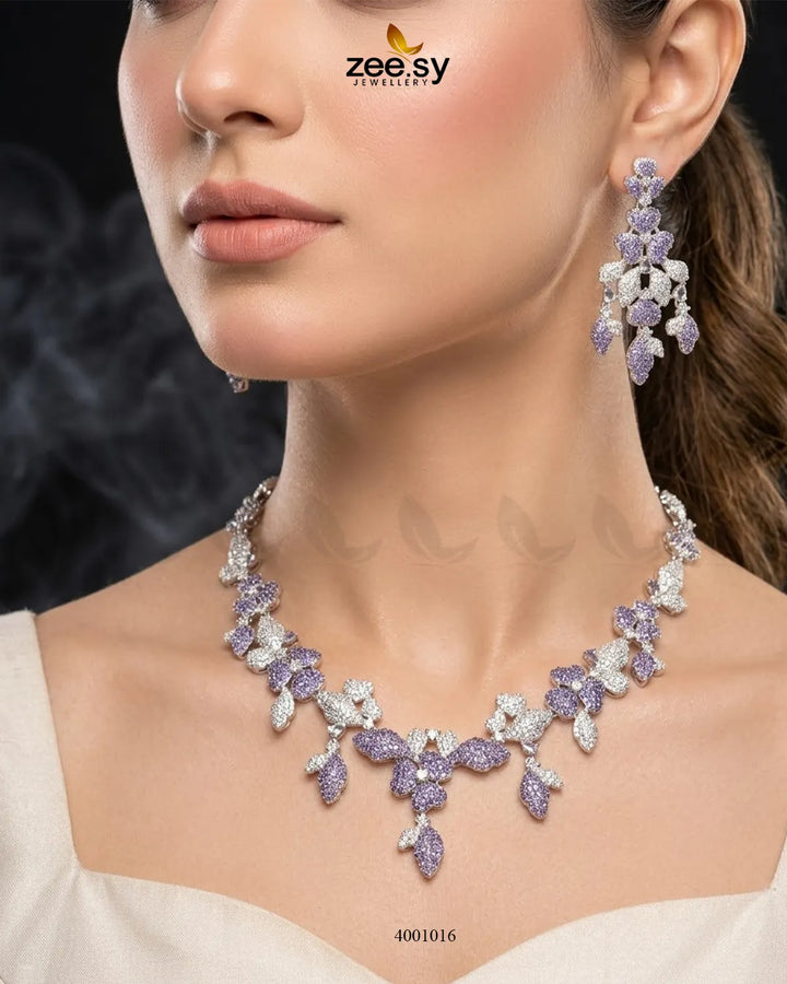 RHS09 Floral Vine Zirconia necklace set with purple floral vine design