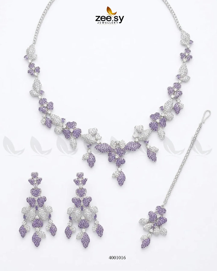 RHS09 Floral Vine zirconia necklace set in purple with intricate floral detailing