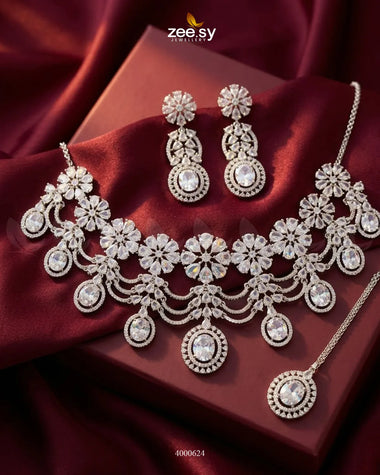 Floral American Diamond Necklace Set Silver White Necklace Sets - Zeesy Jewellery Pakistan | Premium Artificial & Imitation Jewellery