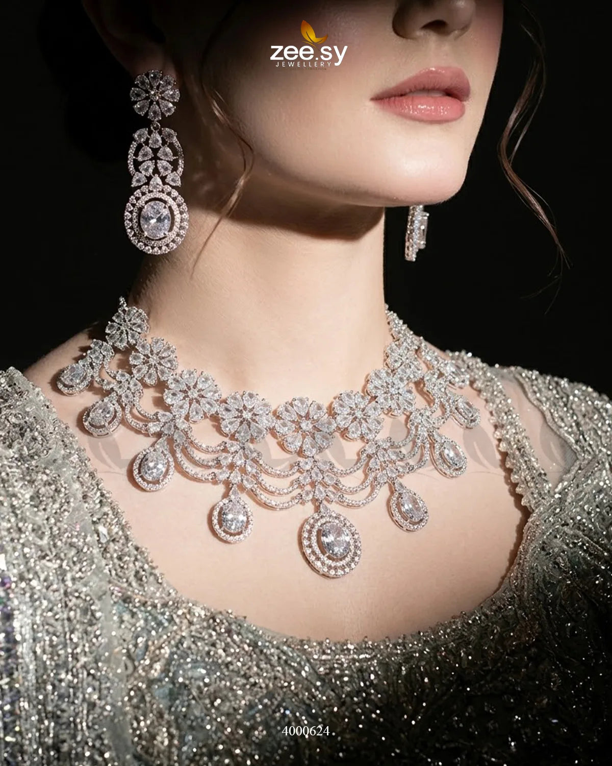 Floral American Diamond Necklace Set
