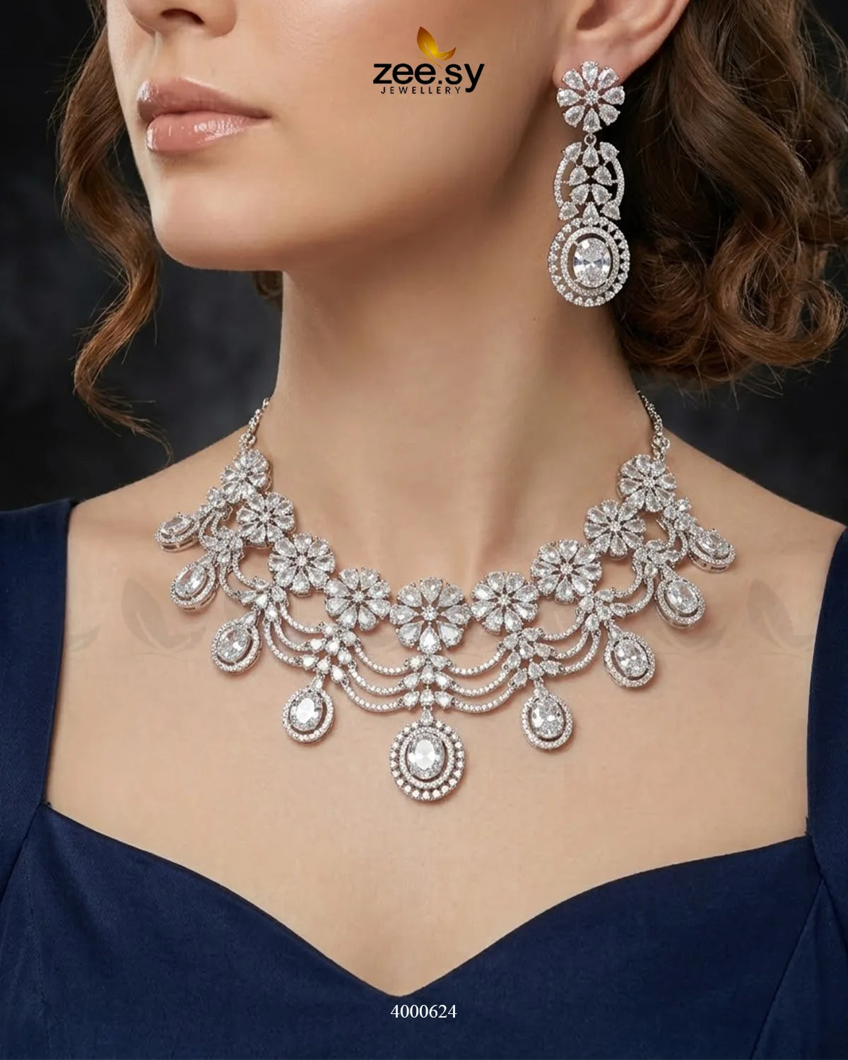 Floral American Diamond Necklace Set