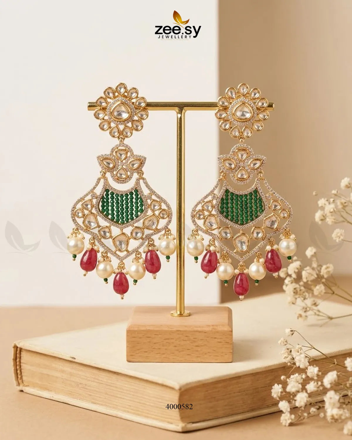 Red floral beaded statement dangler earrings from RHS09, featuring intricate floral design and dangling bead details.