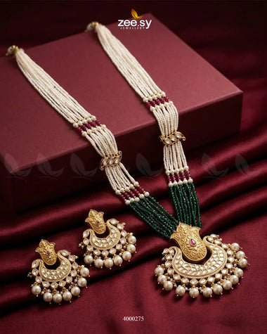 Red and green floral pearls Chandbali Malla necklace set by RHS09 featuring intricate design and traditional Indian jewelry style.