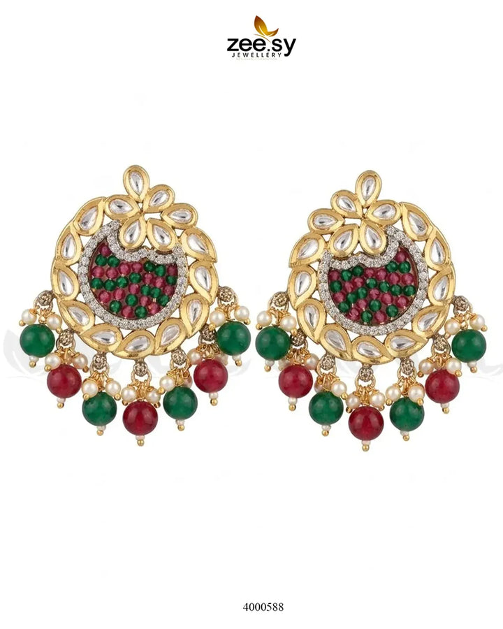 RHS09 floral round beads drop earrings featuring colorful gemstone beads and gold-tone hooks, elegant and vibrant jewelry accessory