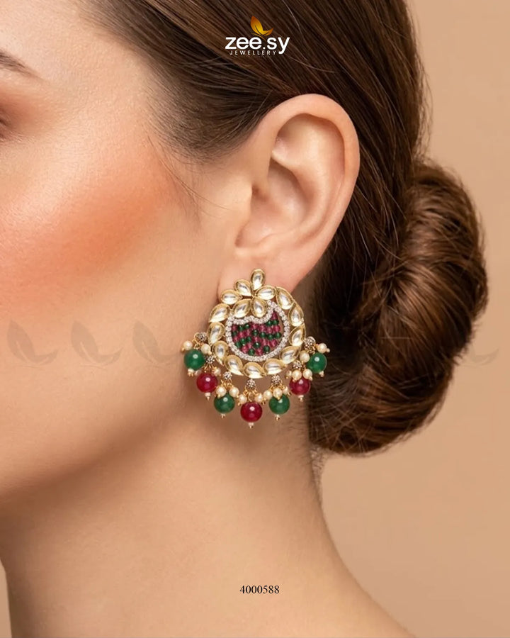 RHS09 floral round beads drop earrings with vibrant ruby and green colors, featuring intricate floral design and dangling bead accents.