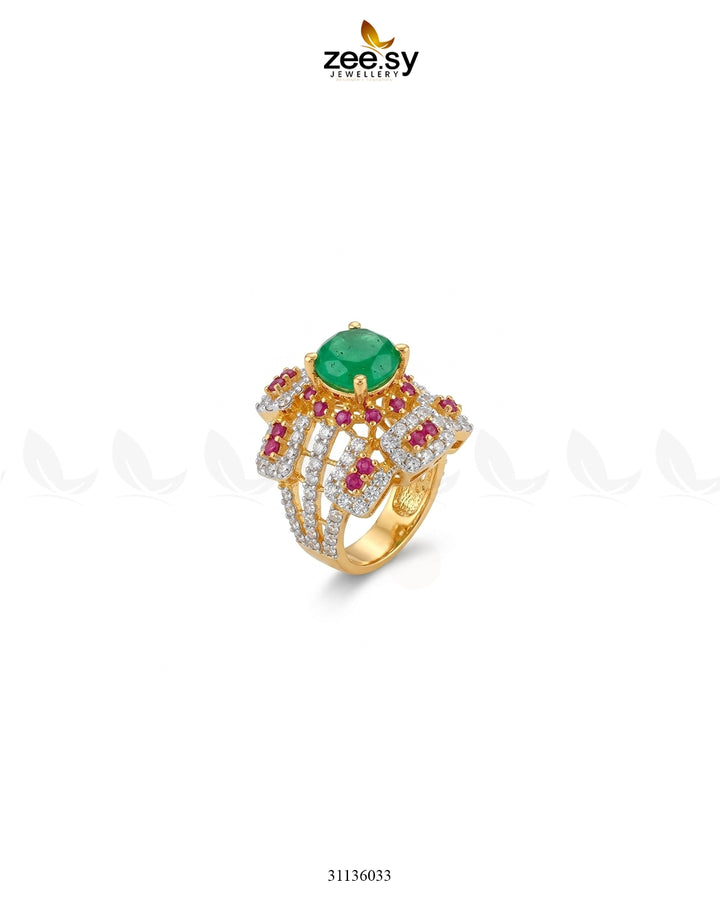 Flower Bold Stone Ring Golden Red and Green Finger Ring - Zeesy Jewellery Pakistan | Premium Artificial & Imitation Jewellery