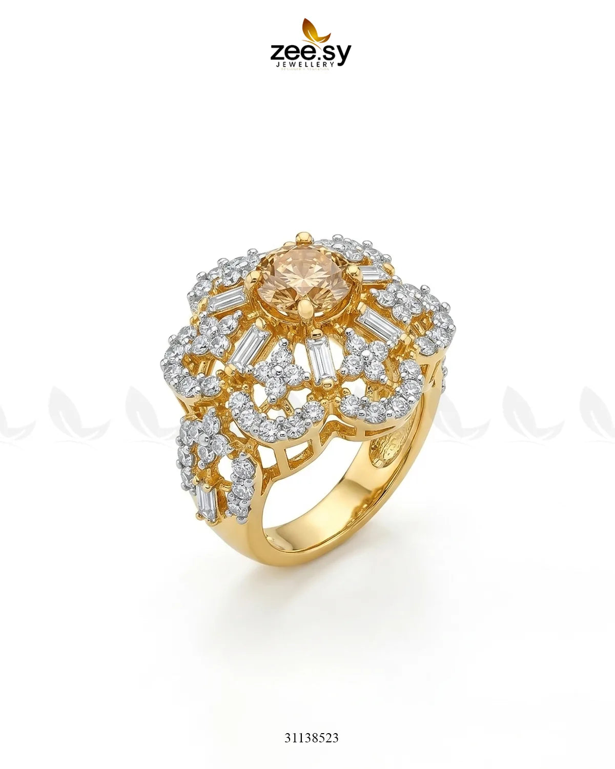 Flower Celestia Zirconia Ring Golden Champagne Finger Ring - Zeesy Jewellery Pakistan | Premium Artificial & Imitation Jewellery