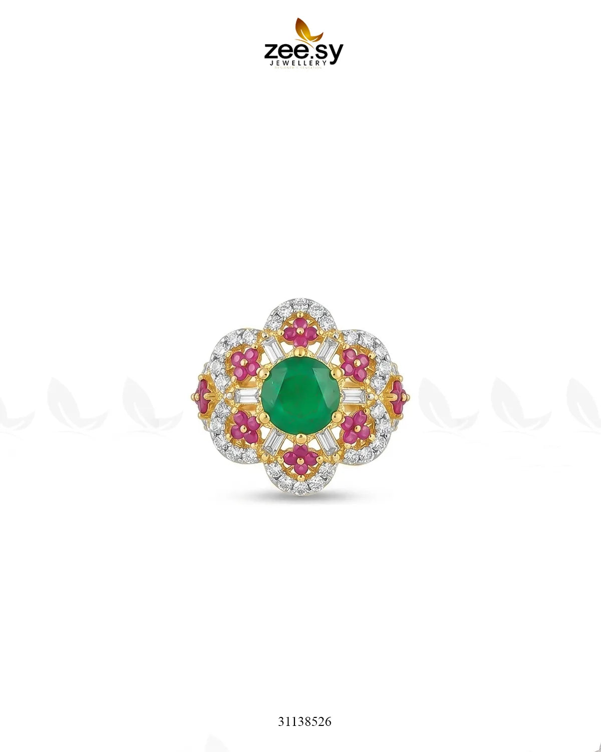 Flower Celestia Zirconia Ring Golden Green & Ruby Finger Ring - Zeesy Jewellery Pakistan | Premium Artificial & Imitation Jewellery