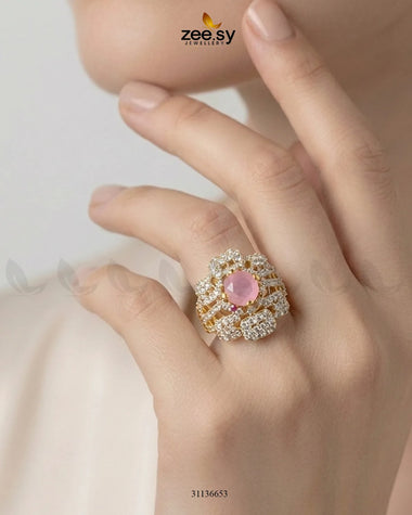 Flower Center Stone Cluster Ring Golden Silver Two Tone Mint Pink Finger Ring - Zeesy Jewellery Pakistan | Premium Artificial & Imitation Jewellery