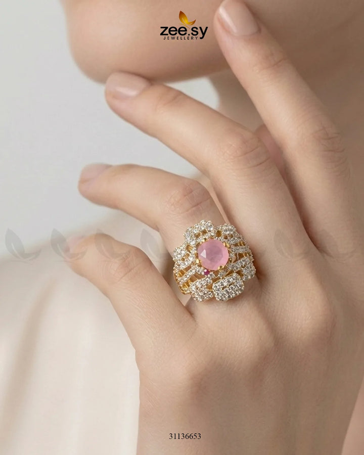 Flower Center Stone Cluster Ring Golden Silver Two Tone Mint Pink Finger Ring - Zeesy Jewellery Pakistan | Premium Artificial & Imitation Jewellery