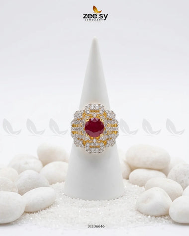Flower Center Stone Cluster Ring Golden Red Finger Ring - Zeesy Jewellery Pakistan | Premium Artificial & Imitation Jewellery