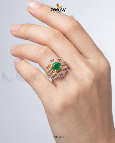 Flower Center Stone Cluster Ring Golden Ruby & Green Finger Ring - Zeesy Jewellery Pakistan | Premium Artificial & Imitation Jewellery