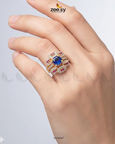 Flower Center Stone Cluster Ring Golden Ruby & Blue Finger Ring - Zeesy Jewellery Pakistan | Premium Artificial & Imitation Jewellery