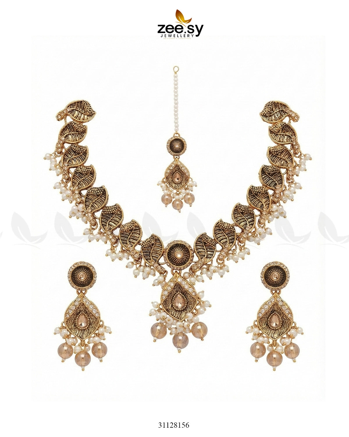 Foliage Bold Leaf Necklace Set Golden Champagne - Zeesy Jewellery