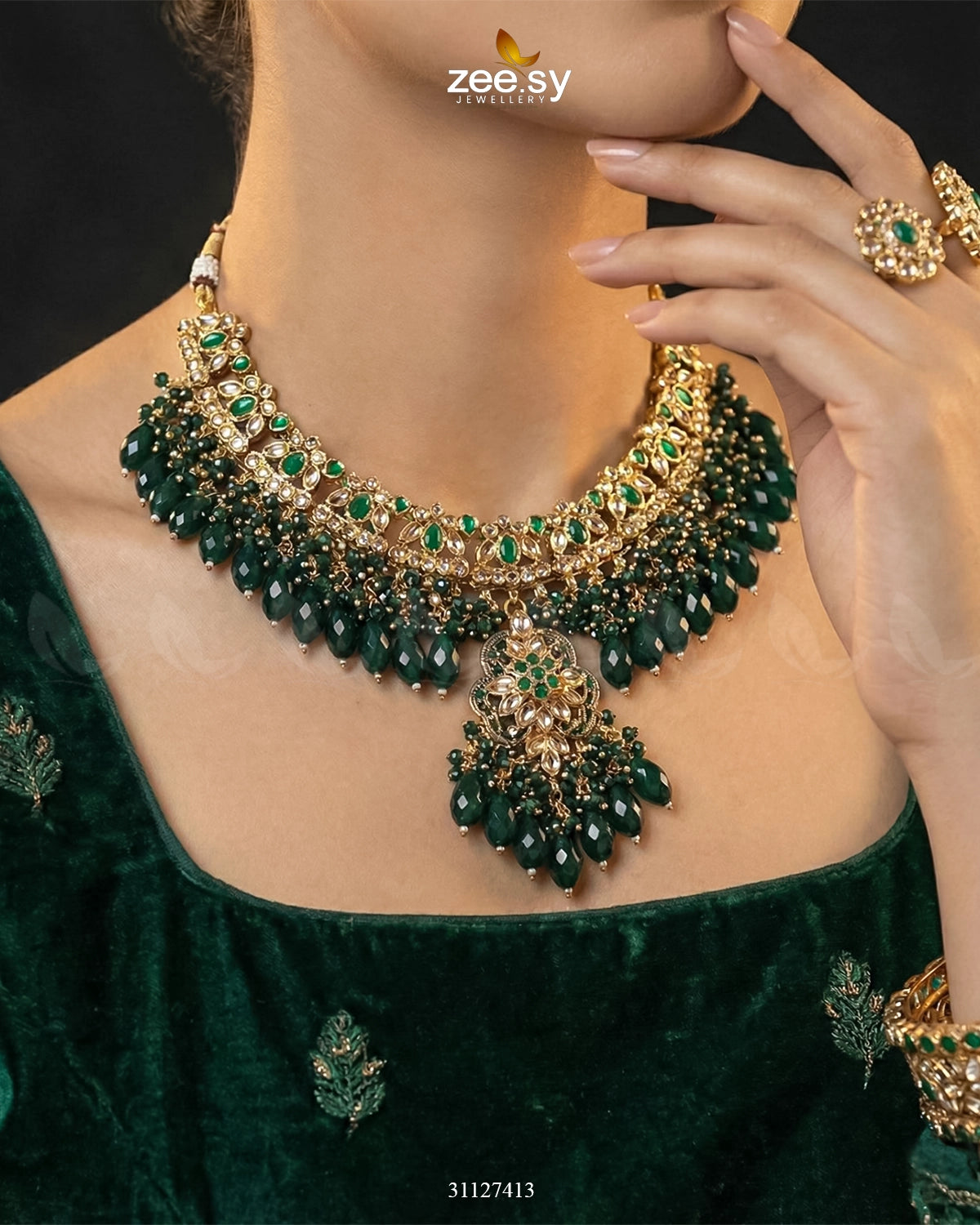 Shahi Qatra CutStone Bridal Set Green - Zeesy Jewellery