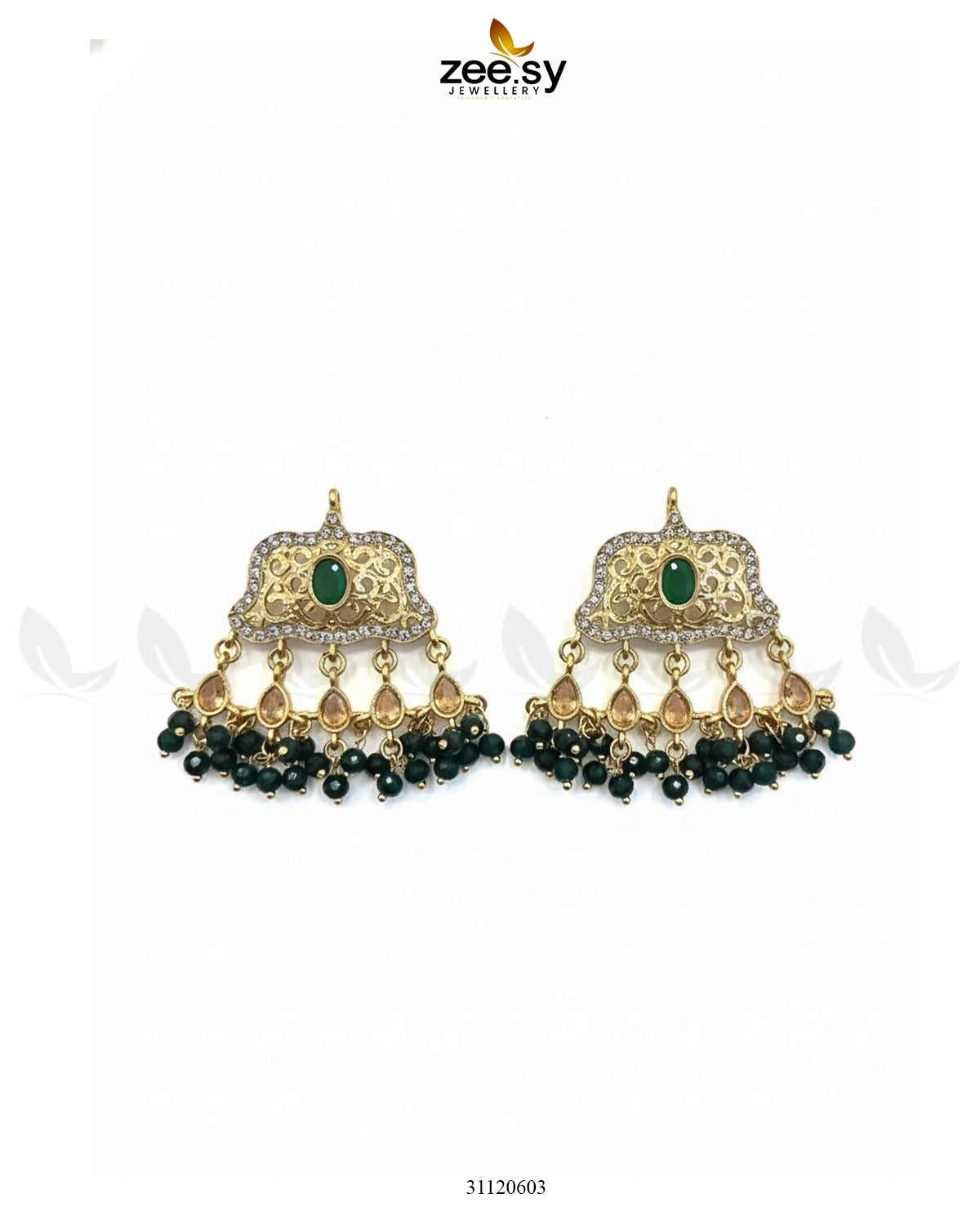 Elegant Tassel Moti Work Earrings Golden Green - Zeesy Jewellery