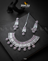 GemChic Necklace, A beautifully designed choker-style necklace set featuring intricate details, matching earrings, and a bindiya, perfect for weddings and festive occasions.