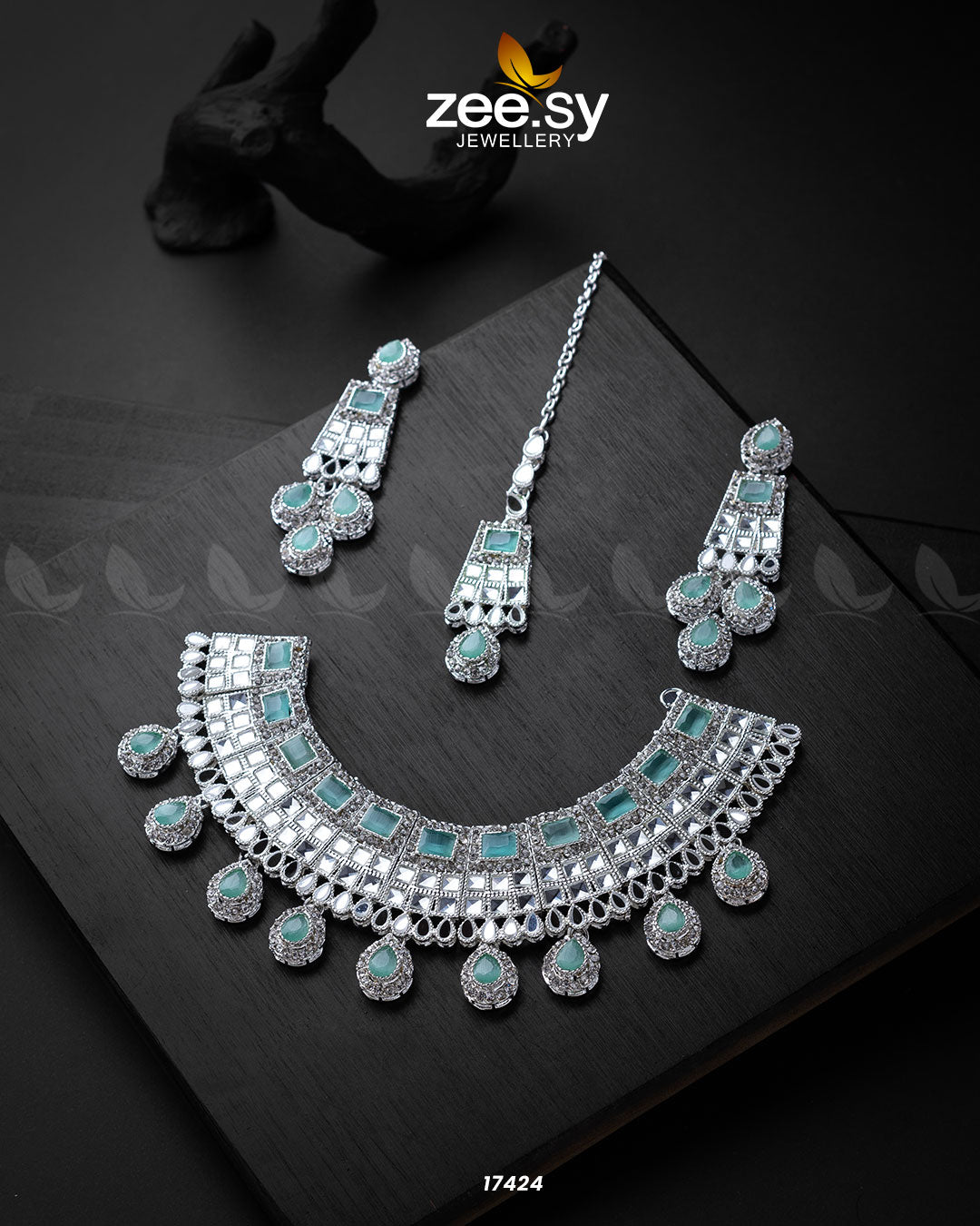 GemChic Necklace, A beautifully designed choker-style necklace set featuring intricate details, matching earrings, and a bindiya, perfect for weddings and festive occasions.