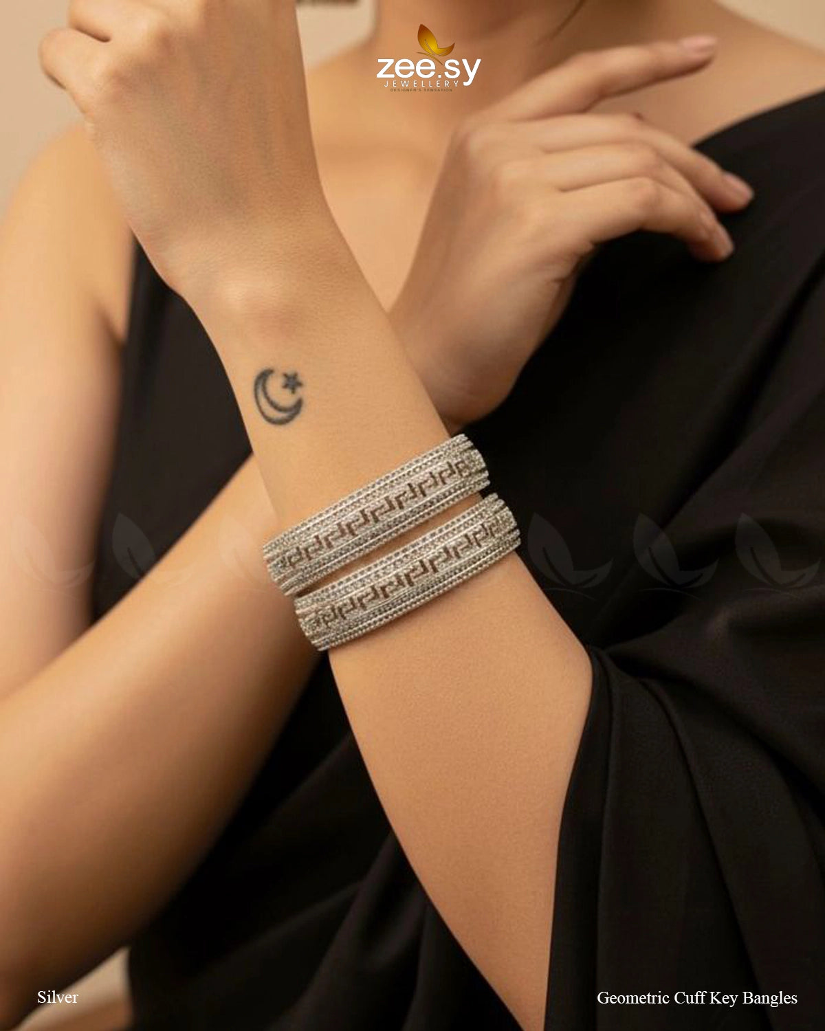 Geometric Cuff Key Bangles - Silver - Zeesy Jewellery