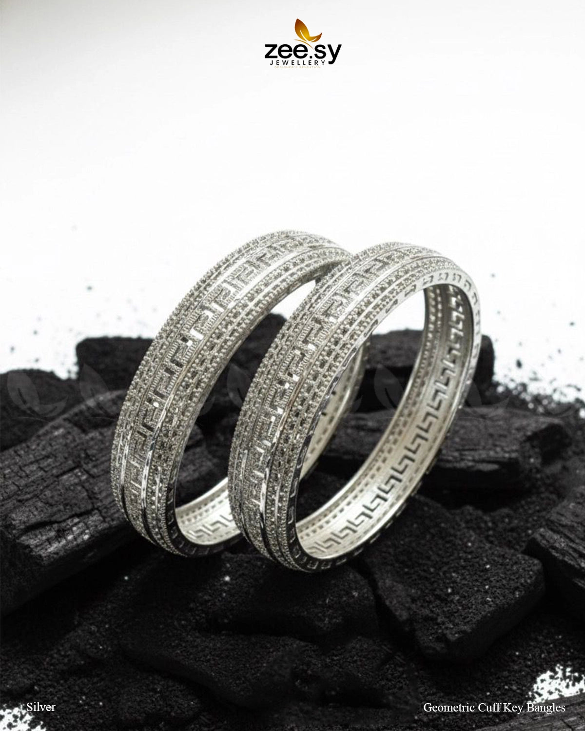 Geometric Cuff Key Bangles - Silver - Zeesy Jewellery