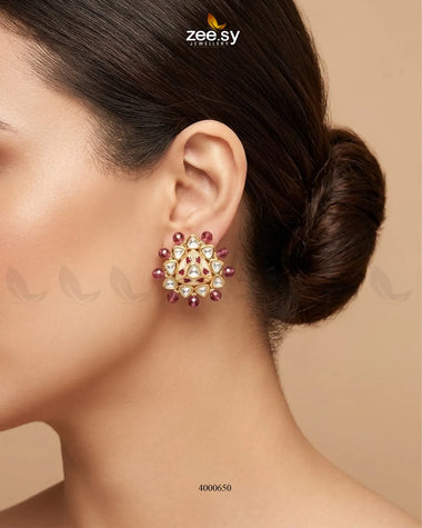 RHS09 geometric triangular kundan earrings in fuchsia, featuring a bold angular design