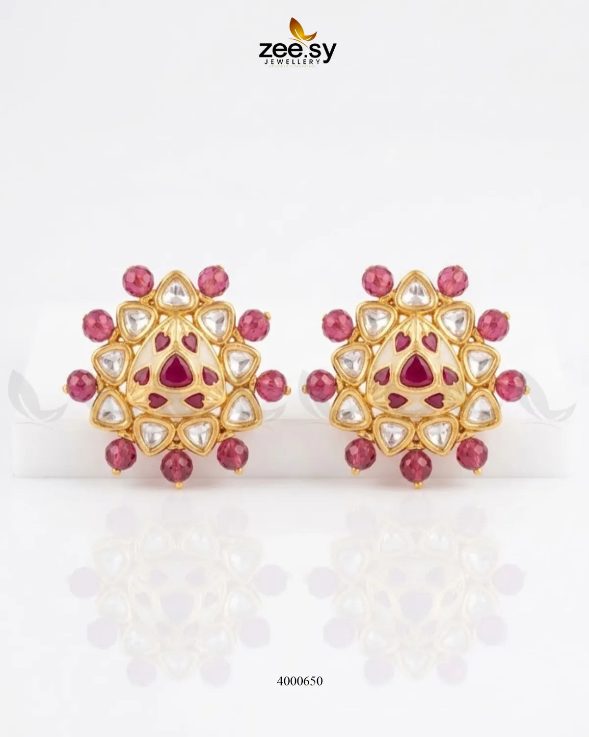 RHS09 geometric triangular kundan earrings in fuchsia, featuring an intricate geometric design