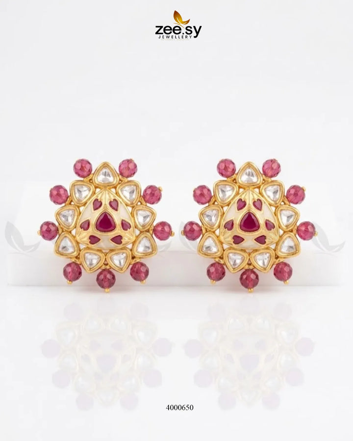 RHS09 geometric triangular kundan earrings in fuchsia, featuring an intricate geometric design