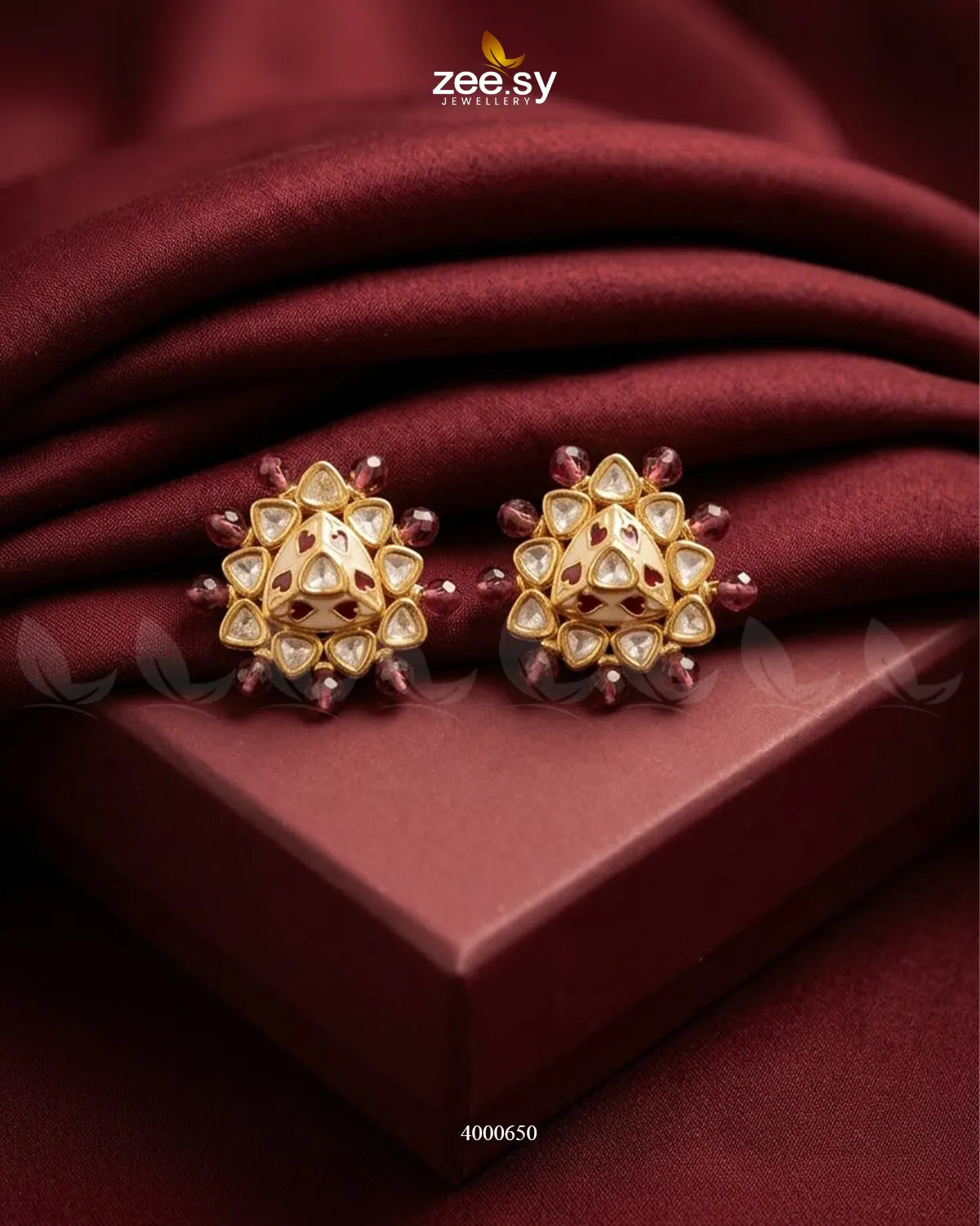 RHS09 geometric triangular kundan earrings in vibrant fuchsia pink
