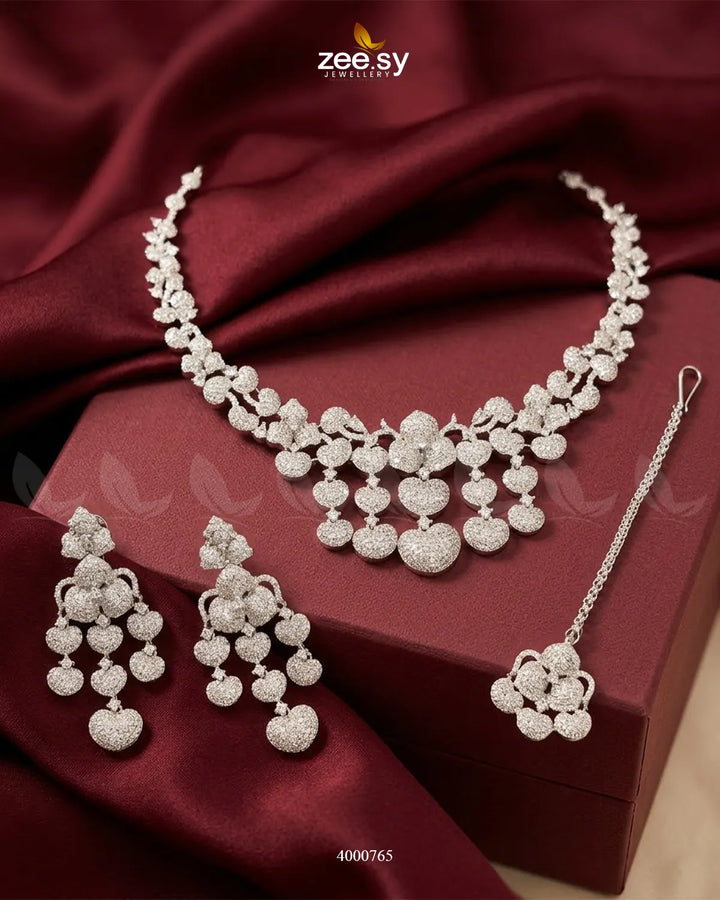 Gilded American Diamond Necklace Set Silver White Necklace Sets - Zeesy Jewellery Pakistan | Premium Artificial & Imitation Jewellery