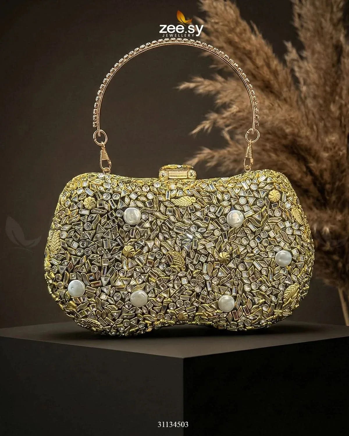 Gilded Embellished Kundan Clutch Bag - Zeesy.pk