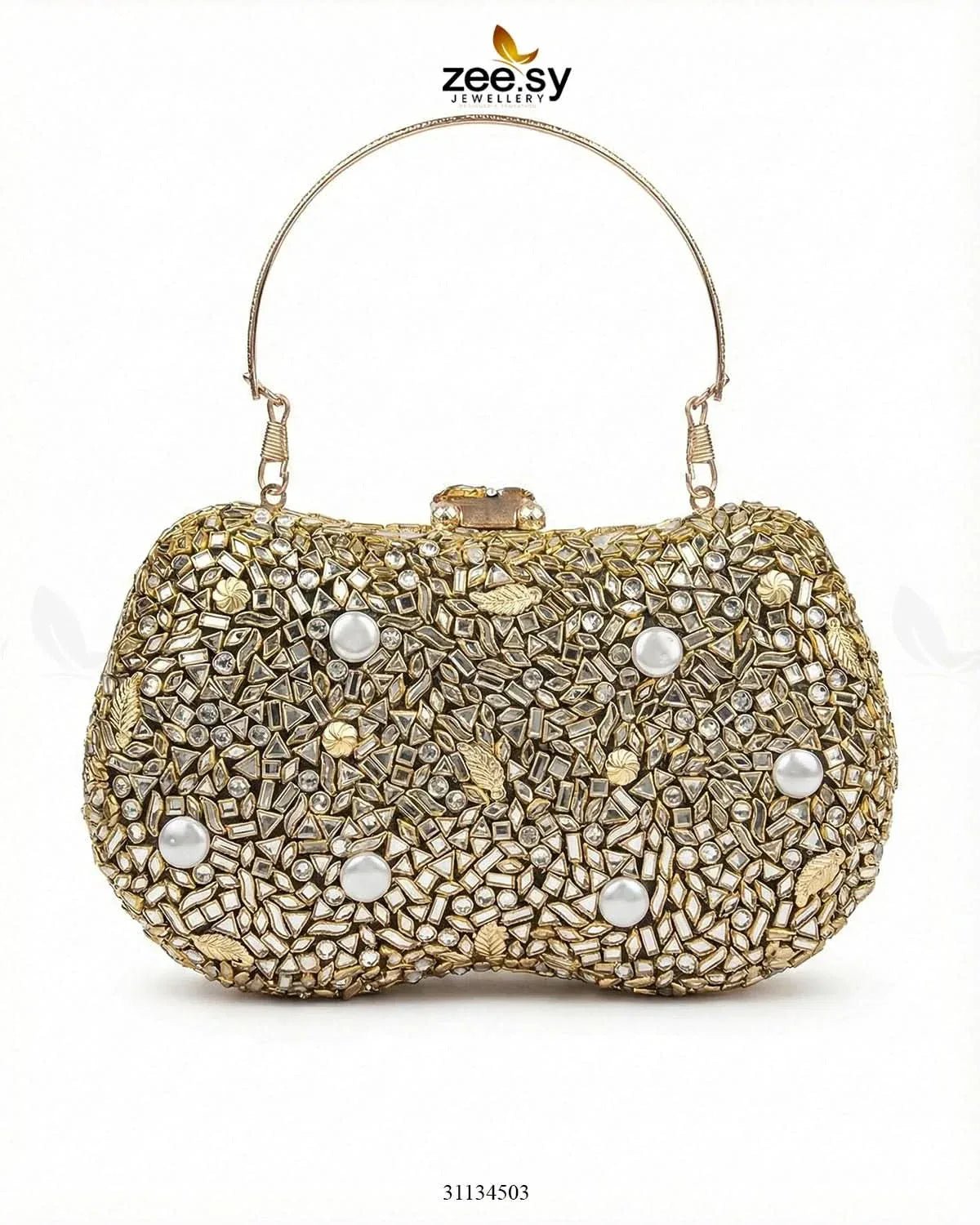 Gilded Embellished Kundan Clutch Bag - Zeesy.pk