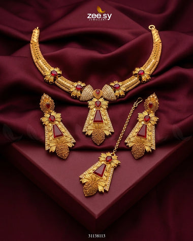 Gilded Gemstone Hasli Necklace Set Red Necklace Sets - Zeesy Jewellery Pakistan | Premium Artificial & Imitation Jewellery