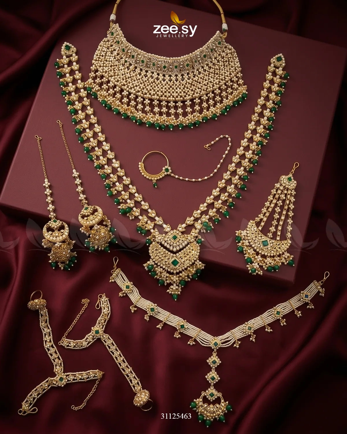Gilded Scepter Crystal Bridal Set Golden Green Bridal Set - Zeesy Jewellery Pakistan | Premium Artificial & Imitation Jewellery