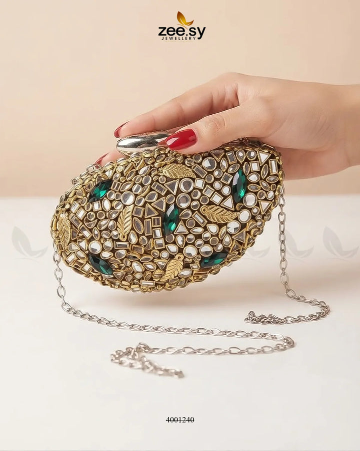Glamorous Leaf Kundan Clutch Bag ACCESSORIES - Zeesy Jewellery Pakistan | Premium Artificial & Imitation Jewellery