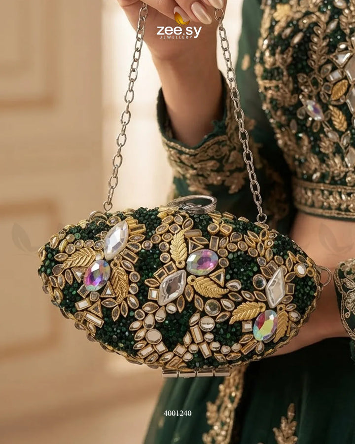Glamorous Leaf Kundan Clutch Bag ACCESSORIES - Zeesy Jewellery Pakistan | Premium Artificial & Imitation Jewellery