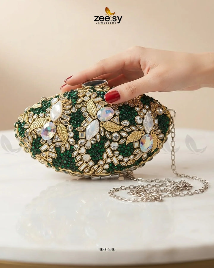 Glamorous Leaf Kundan Clutch Bag ACCESSORIES - Zeesy Jewellery Pakistan | Premium Artificial & Imitation Jewellery