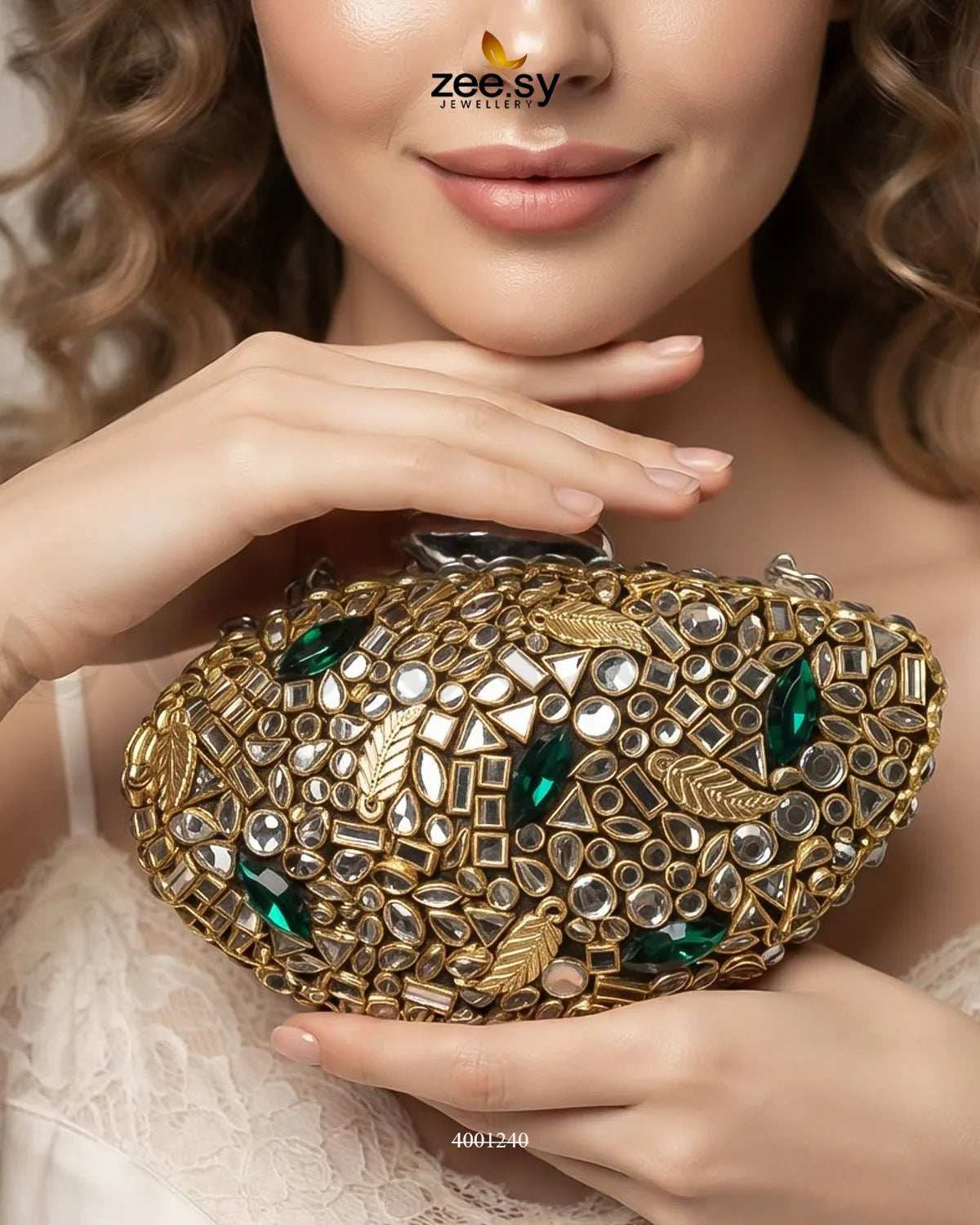 Glamorous Leaf Kundan Clutch Bag ACCESSORIES - Zeesy Jewellery Pakistan | Premium Artificial & Imitation Jewellery