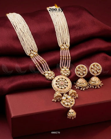 Gleam Beaded Pearl Malla Set Golden Mint Pink Malla Necklace - Zeesy Jewellery Pakistan | Premium Artificial & Imitation Jewellery