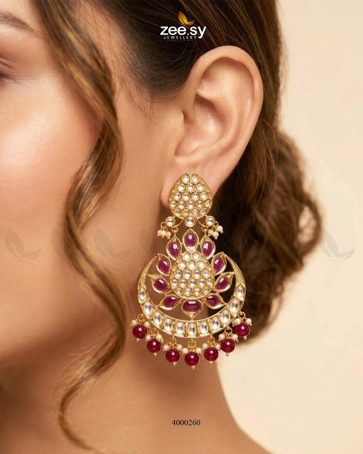 RHS09 Gleam Chandbali Pearl Choker Set with ruby accents and matching earrings