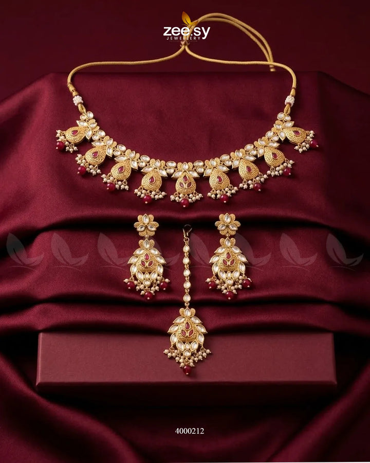 RHS09 Gleam Pearl Drop Necklace Set with ruby-colored pearls on a delicate chain