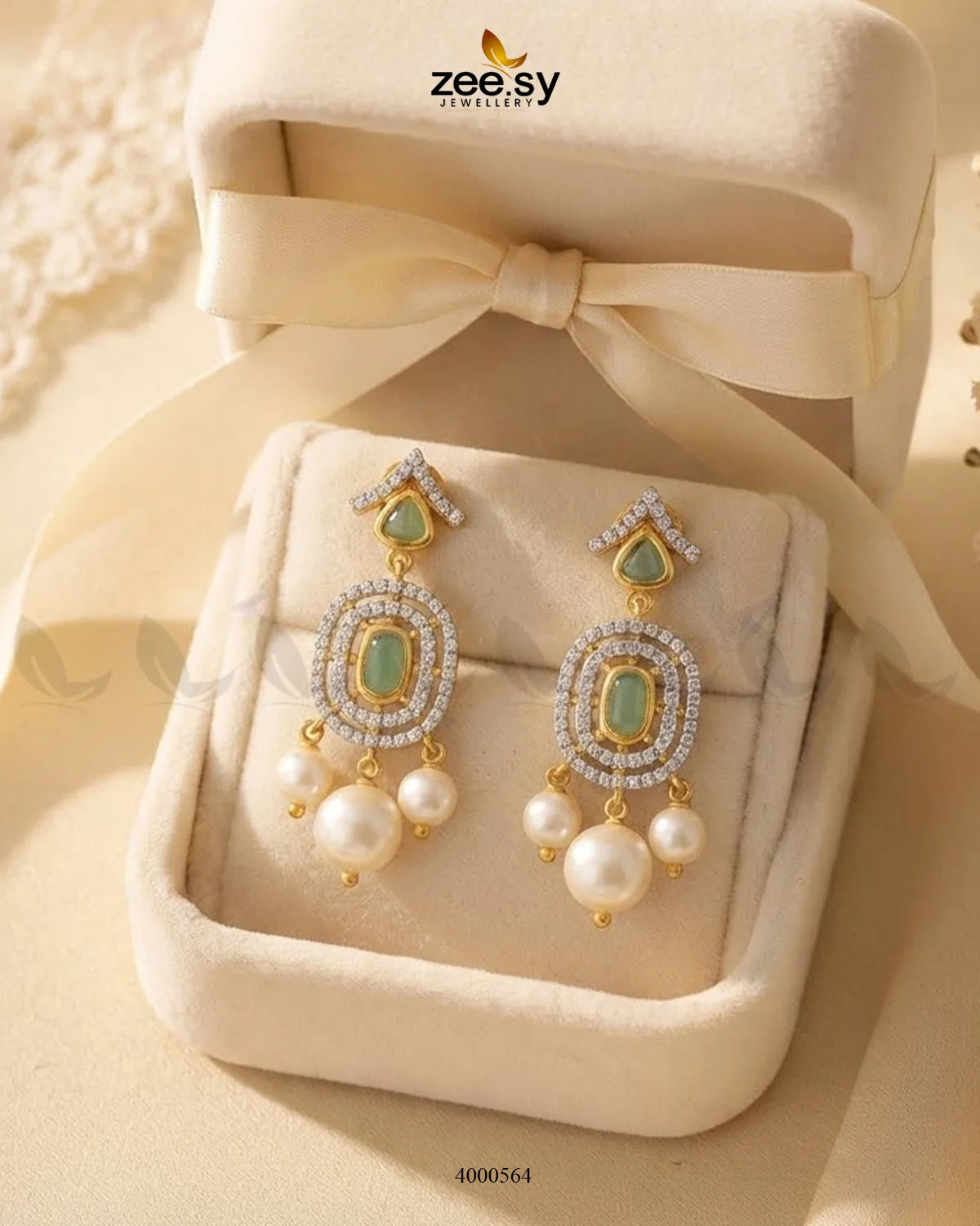 Gleam Pearl Zircon Earrings Golden Mint Green Earrings - Zeesy Jewellery Pakistan | Premium Artificial & Imitation Jewellery