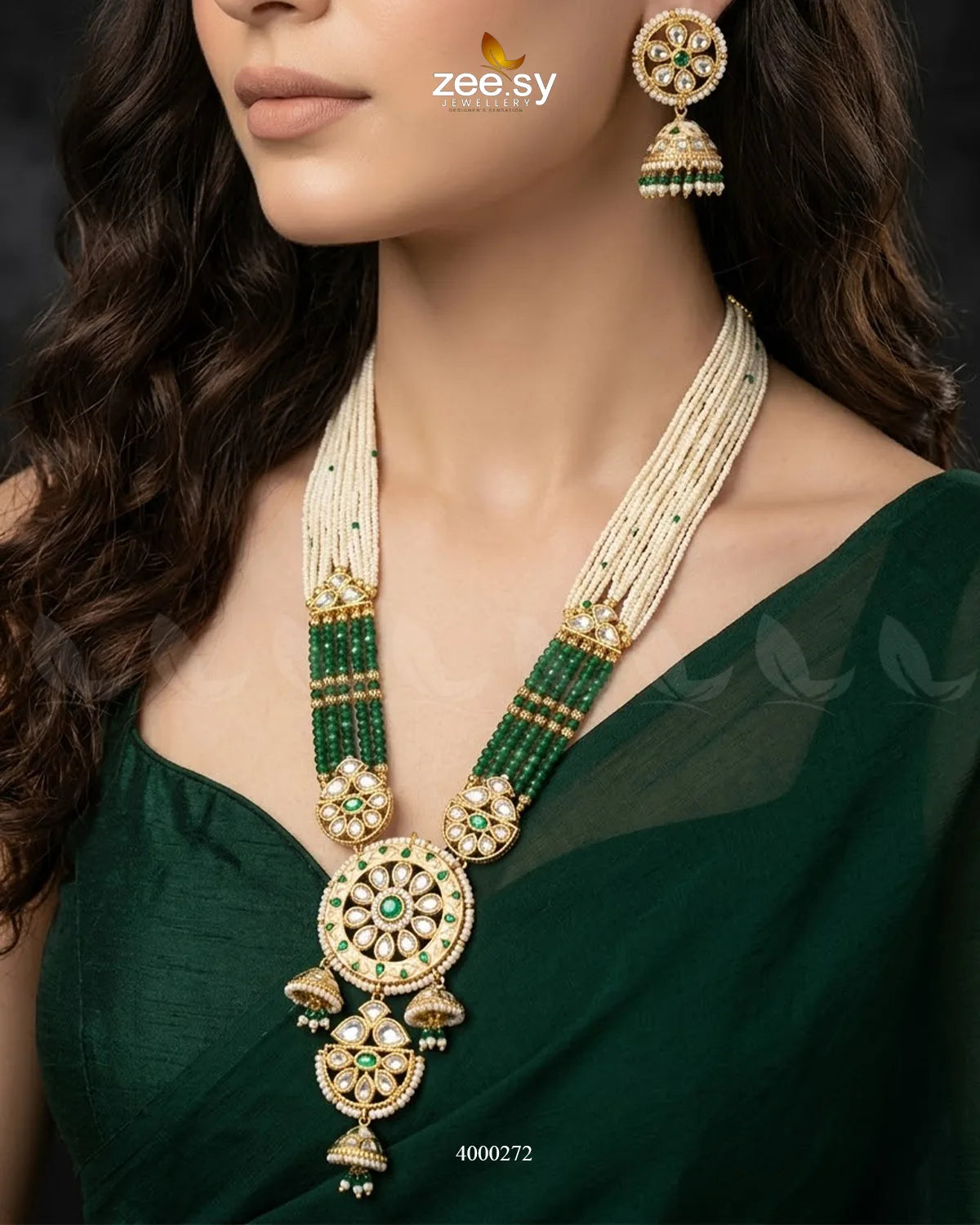 Green Gleam beaded pearl malla necklace set with intricate design, featuring shiny beads and traditional craftsmanship by RHS09.