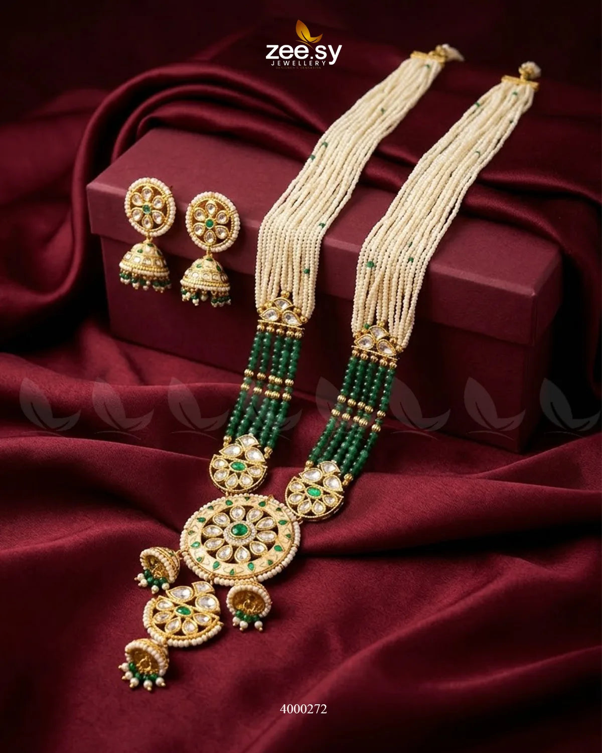 Green beaded pearl malla necklace set with intricate design, featuring RHS09 brand jewelry for elegant traditional style.