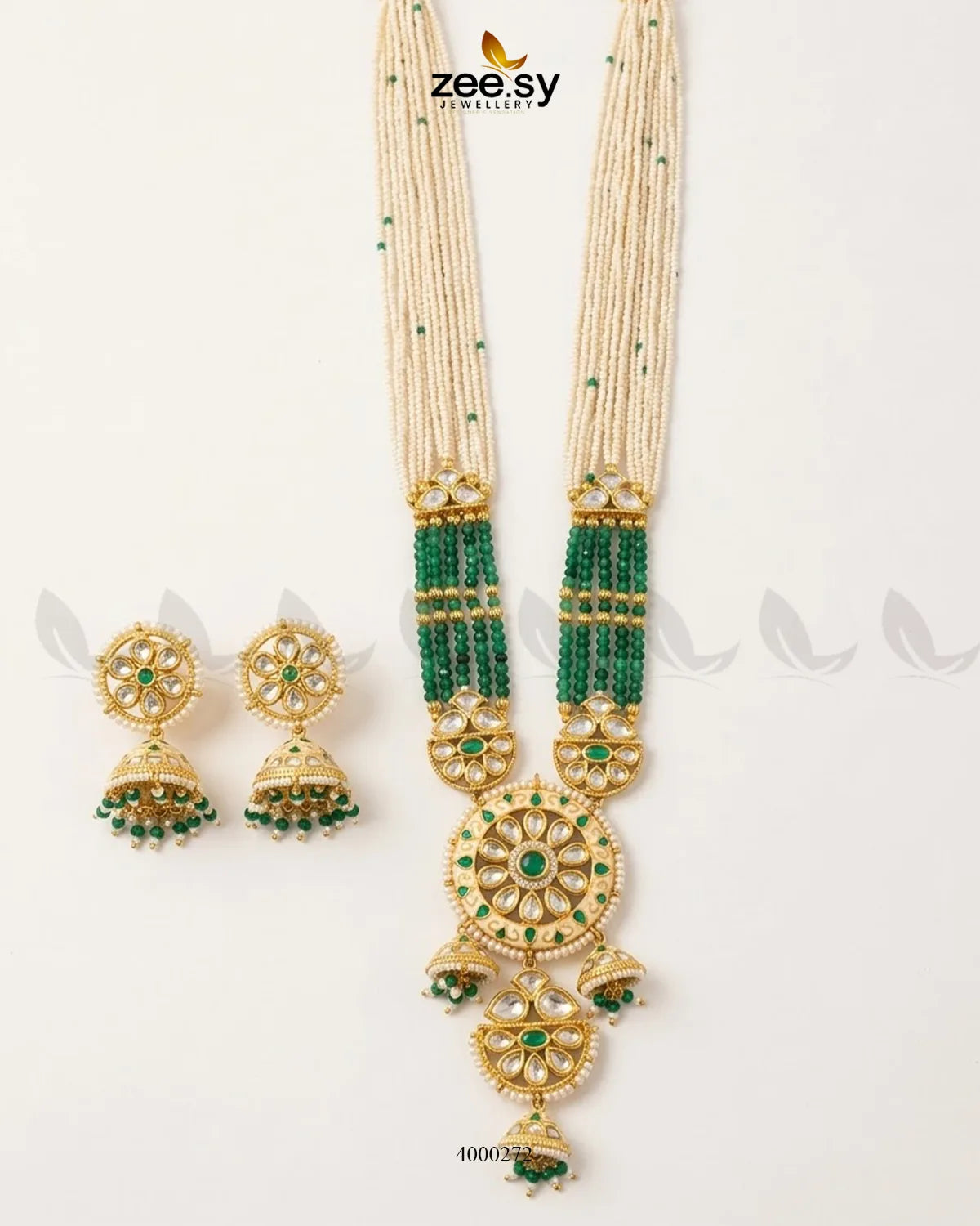 Green Gleam beaded pearl malla necklace set with intricate design, featuring multiple strands and a luxurious finish.