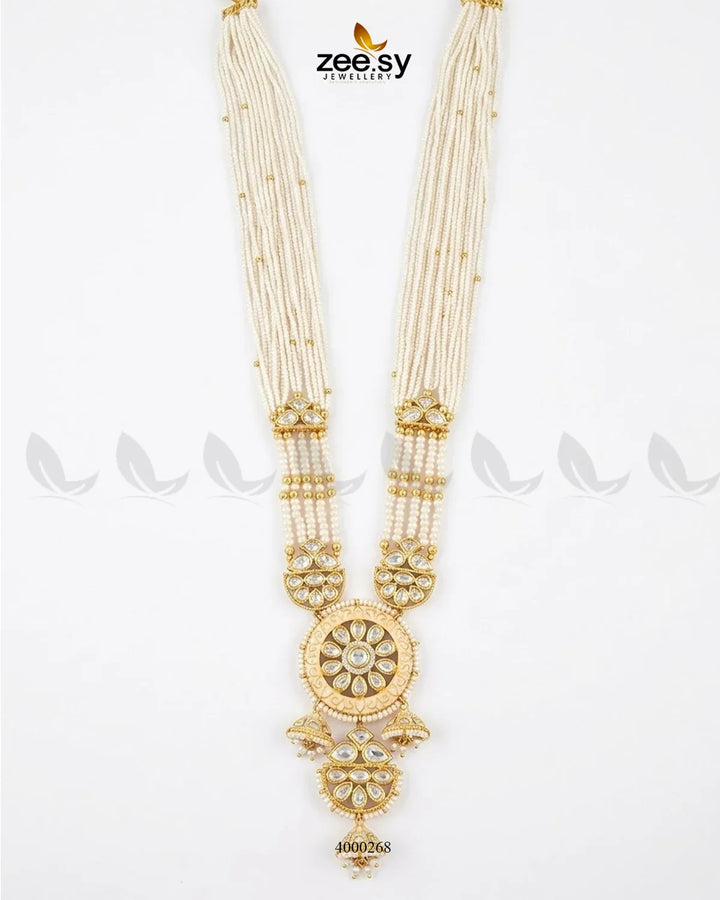 Elegant RHS09 Gleam beaded pearl malla necklace with intricate design and lustrous pearls, perfect for traditional or special occasions.