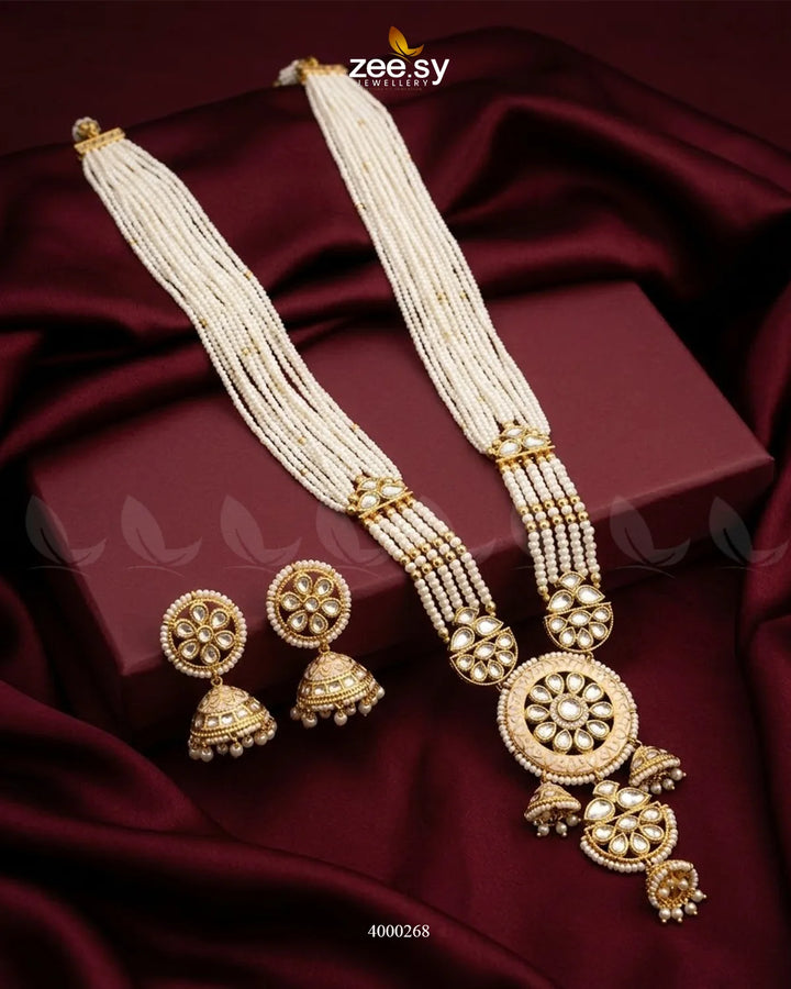 Beaded pearl malla necklace from RHS09 Gleam Beaded Pearl Malla Set, showcasing intricate pearl detailing and elegant design.