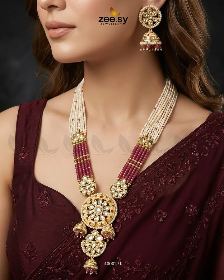 Gleam beaded pearl malla necklace set with intricate design and ruby accents, crafted by RHS09.