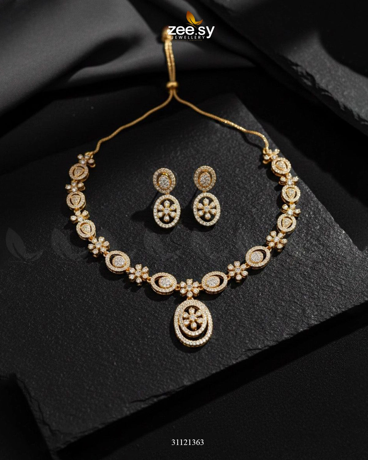 Dainty Oval Floral Necklace Set Golden - Zeesy Jewellery