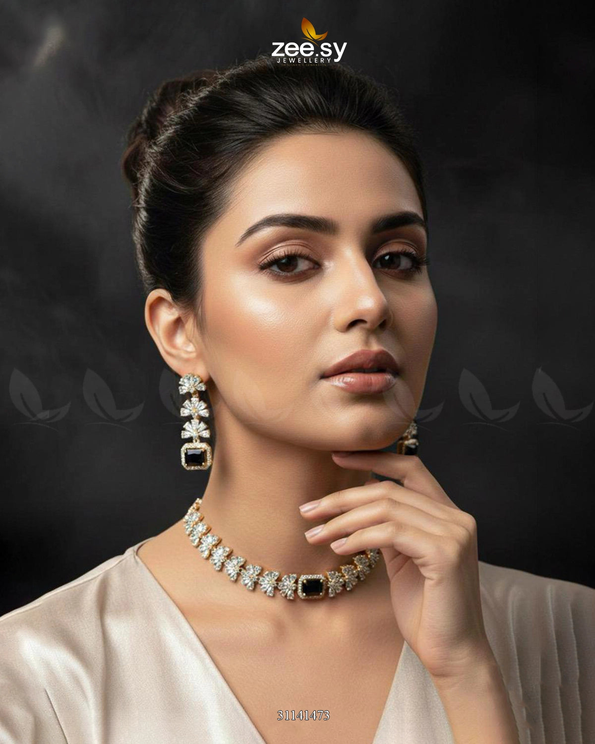 Intricate Square Cluster Necklace Set Golden Black - Zeesy Jewellery