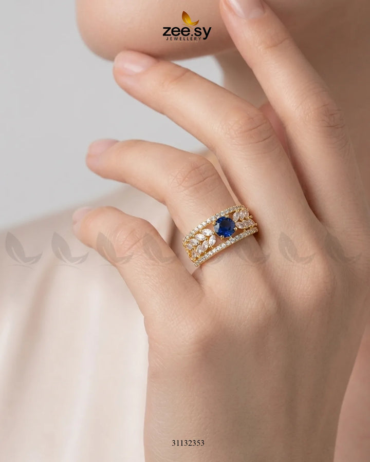 Golden Bloom Leaf Stone Ring Golden Blue Finger Ring - Zeesy Jewellery Pakistan | Premium Artificial & Imitation Jewellery